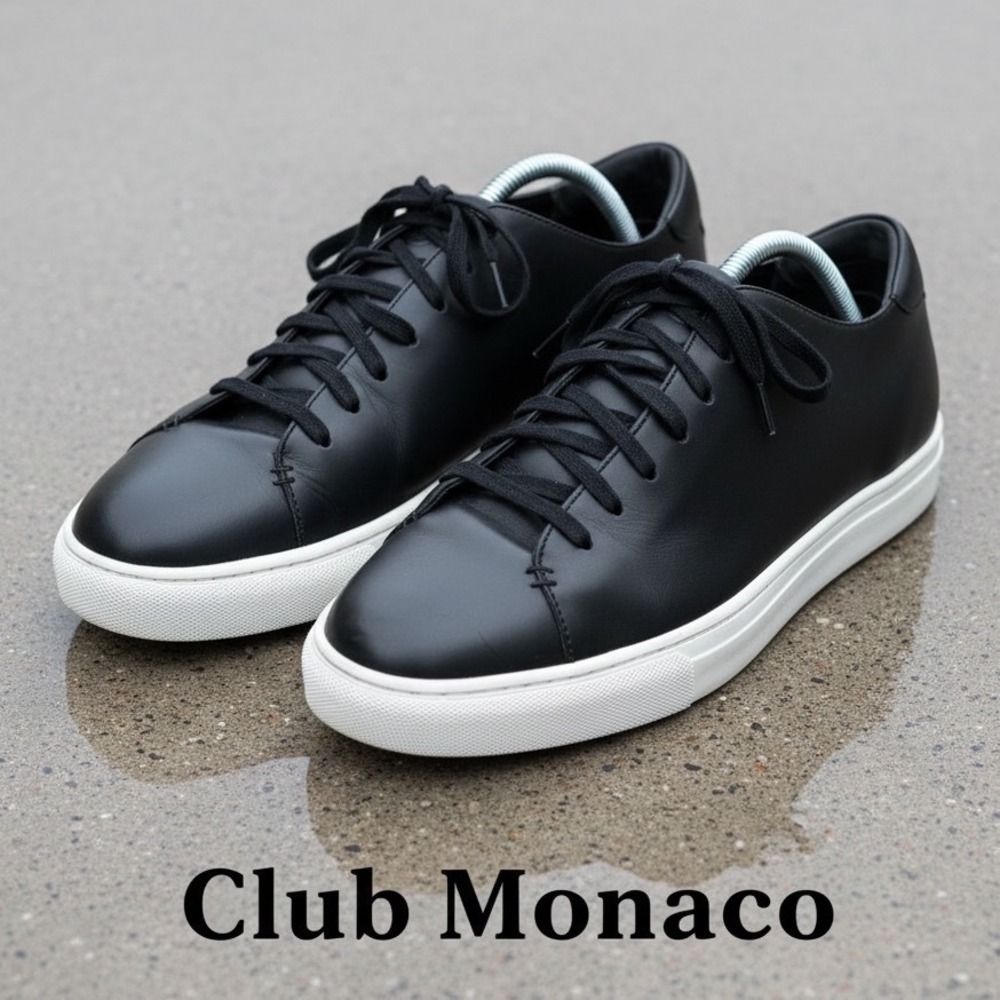 Club Monaco Mens Black Leather Lace Up Sneakers Low Top White Sole 120 17953 G21